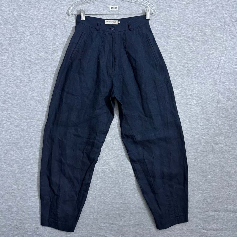 Ivan Grundahl Women's 34 Navy Blue 100% Linen Lagenlook High Rise Barrel Pants